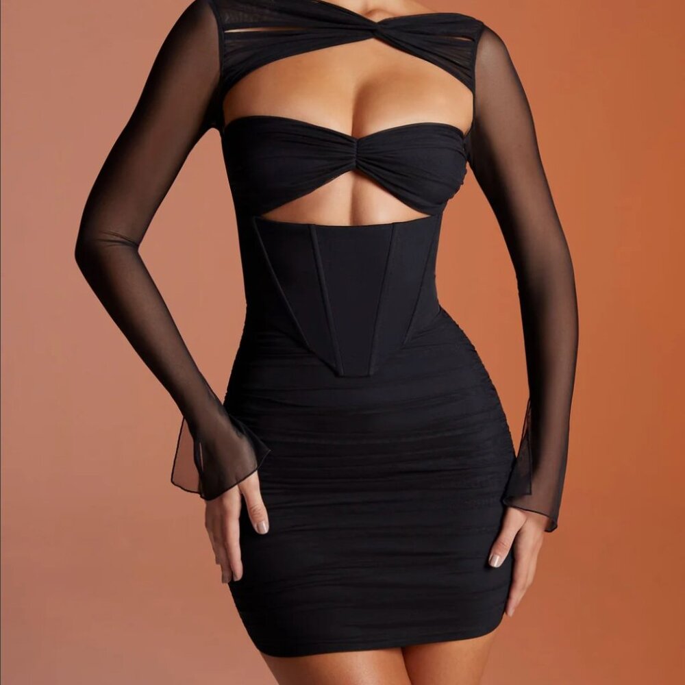 Nirvana  Long Sleeved Ruched Mini Dress in Black